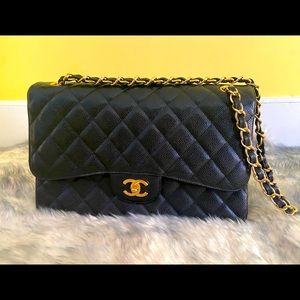 Classic jumbo double flap black caviar gold chain
